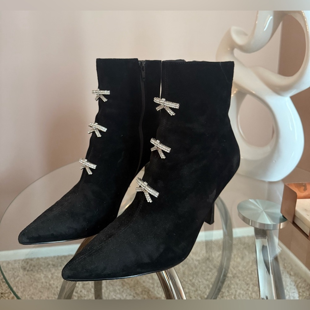 Gianni Bini Dalton Elegant Black Suede Ankle Booties with Rhinestone Bows